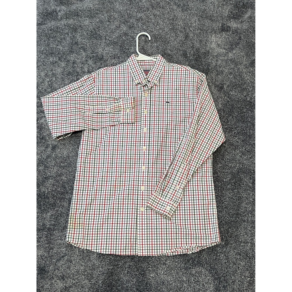 Vineyard Vines Boys L 16-18 Whale Shirt Red Green Plaid Tattersall Button Down